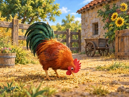 Rooster foraging peacefully in noon farmyard.