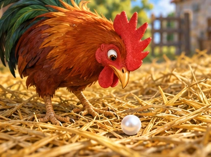 Rooster inspecting smooth white pearl in straw.