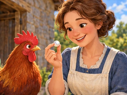 Woman holding recovered pearl, rooster calmly watching.