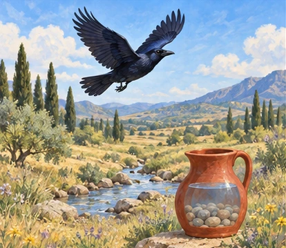 Crow flying away over green meadow; red pitcher with pebbles below.