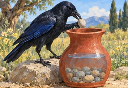 Crow placing pebbles; submerged pale pebble pile and rising water.