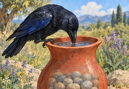 Crow leaning toward now reachable water near pitcher rim.