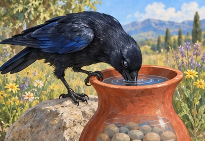 Crow drinking from raised water, pebbles visible beneath clear surface.