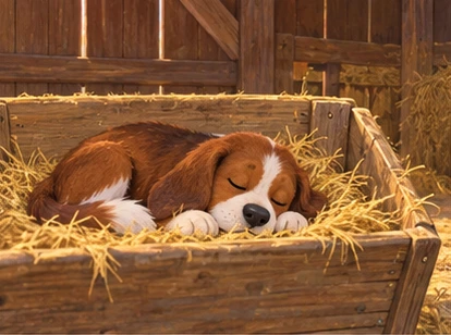 Brown dog sleeping in wooden hay manger inside barn.
