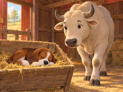 Cream ox approaching hay manger containing sleeping dog.