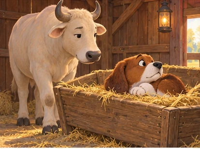 Ox patiently waiting while dog blocks hay he cannot eat.