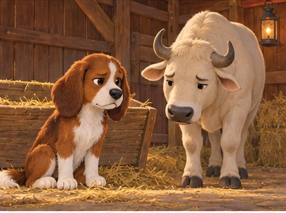 Dog and ox unhappy beside blocked manger.