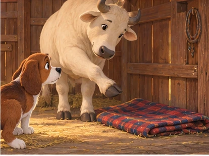 Ox indicating dog blanket on barn floor near wall.