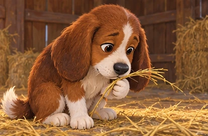 Dog sniffing hay stalk thoughtfully.