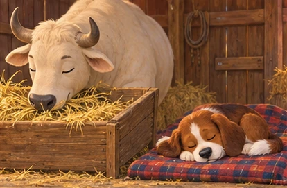 Ox eating hay, dog settling onto separate blanket.