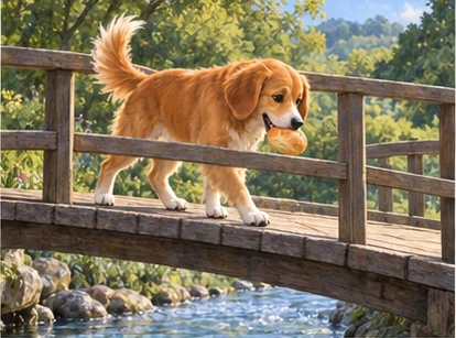 Dog safely walking sturdy wooden footbridge with bread roll.