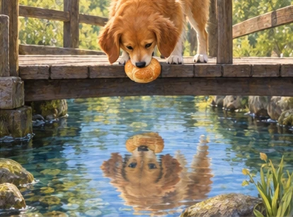 Dog looking down at exact mirrored reflection in clear water.