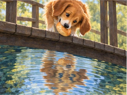 Dog tilting head, matching reflection distorted by small ripple.