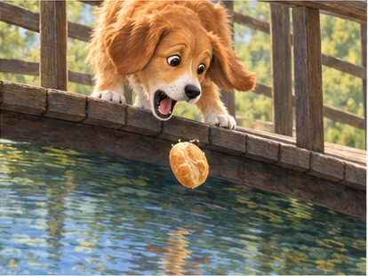 Bread roll dropping from open dog mouth into stream.