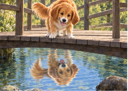 Dog and matching reflection wagging tail without bread.