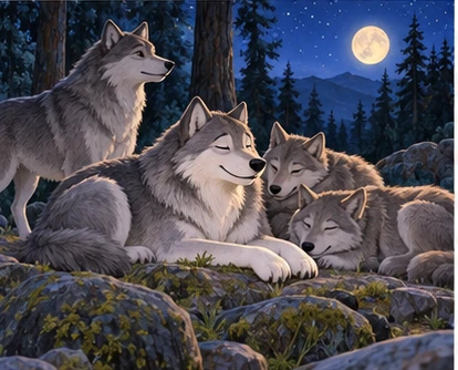 Wolf resting with grey wolf pack under evening forest trees.