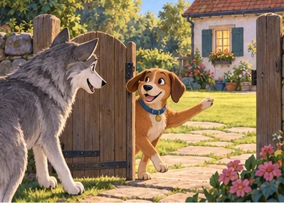 Dog showing wolf cosy farmhouse yard from open gate.