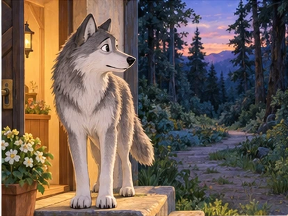 Wolf pausing outside threshold with forest visible behind.