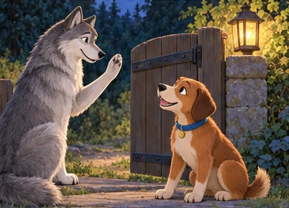 Wolf saying kind farewell at gate while dog listens.