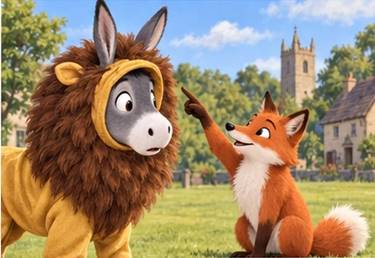 Fox gently pointing at donkey ears above fabric costume.