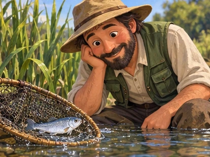 Fisher listening to small fish beside water, no speech text.
