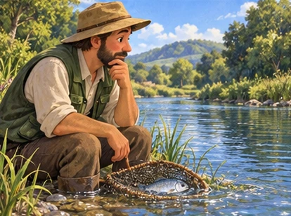 Thoughtful fisher examining river while fish rests in wet net.