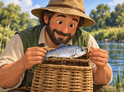 Fisher comparing small fish with basket measuring mark, no readable text.