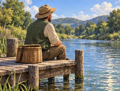 Fisher beside empty basket watching open river.