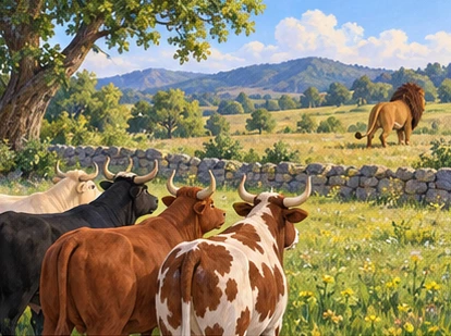 Distant lion retreating while oxen remain calmly together.