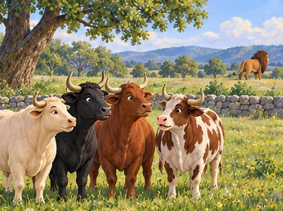 Four oxen regrouped safely while distant lion leaves.