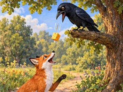 Cheese visibly falling from open crow beak toward fox below.