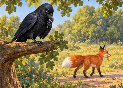 Crow thoughtful on branch while fox leaves with cheese.