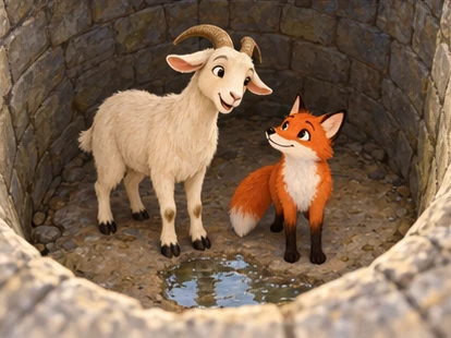 Goat and fox both unharmed on dry well floor below high walls.