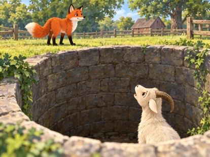 Fox safely outside well while goat looks upward from broad bottom.