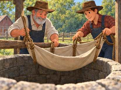Two adult farmers preparing broad body-support rescue sling above well.