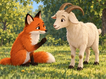 Fox apologising to goat on grass far from well opening.