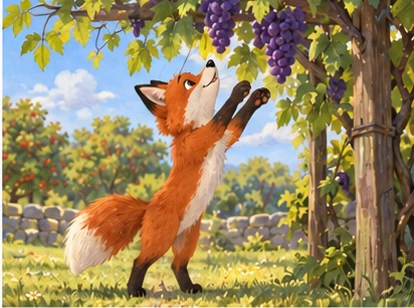 Fox stretching on hind paws below grapes, four limbs anatomically correct.