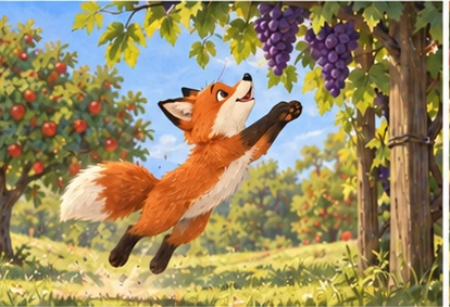 Fox jumping below grapes then safe grassy landing implied.