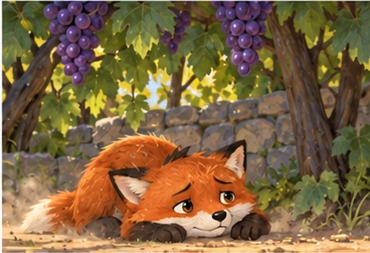 Tired fox resting below unchanged grape bunch, dust near paws.