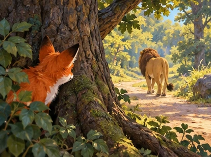 Small fox sheltering behind oak as gentle lion walks distant path.