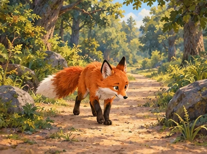 Fox examining peaceful forest path after lion leaves.