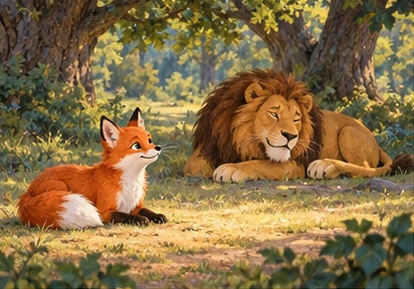 Fox calm while lion rests at respectful distance.