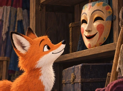 Fox looking up at smiling painted mask on shelf.