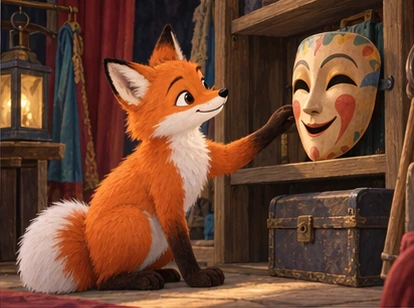 Fox greeting silent mask in quiet storeroom.