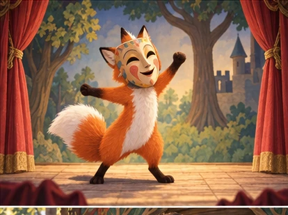 Imagined fox wearing mask in theatre performance, no written bubbles.