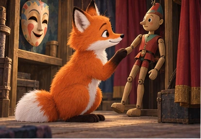 Fox examining simple jointed wooden puppet near rehung mask.