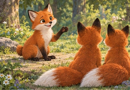 Short-tailed fox gesturing, long tails resting naturally behind listeners.