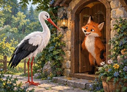 Stork arriving at fox woodland cottage doorway.