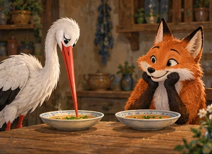 Stork unable to scoop soup with long beak from shallow bowl.