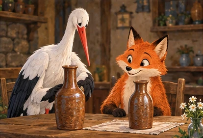 Stork serving dinner in two tall narrow-necked jars.